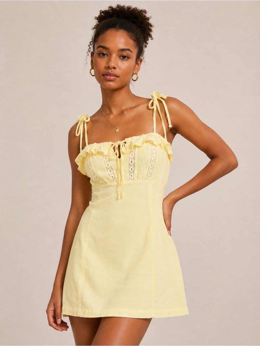 Forever 21 Butter Yellow Tie-Shoulder Sundress with Lace Trim